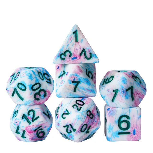 Multi-Colour Pink Mix Pattern 7pc Dice Set inked in Green